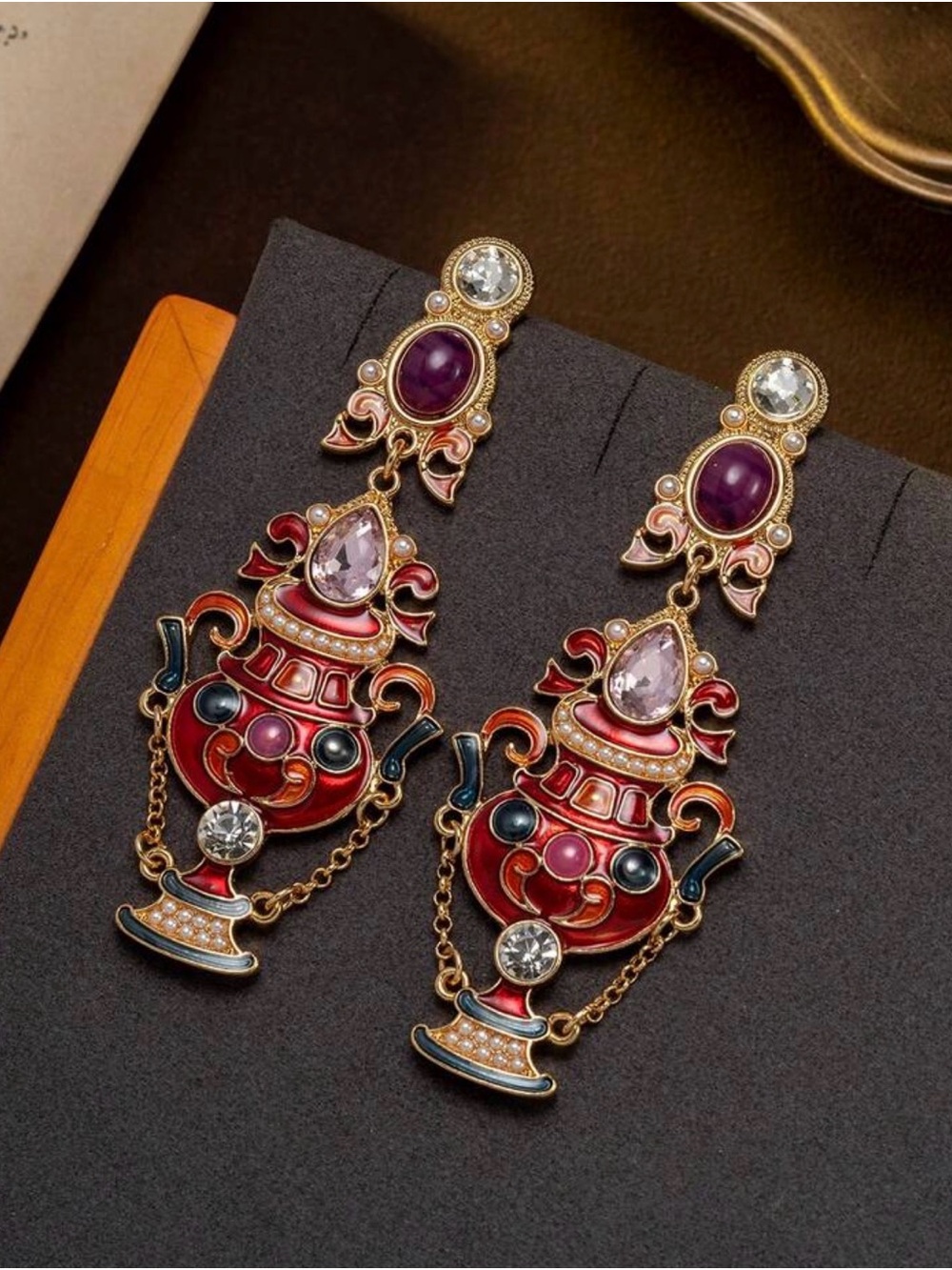 Vintage Red and Purple Enamel Drop Earrings by Vintage